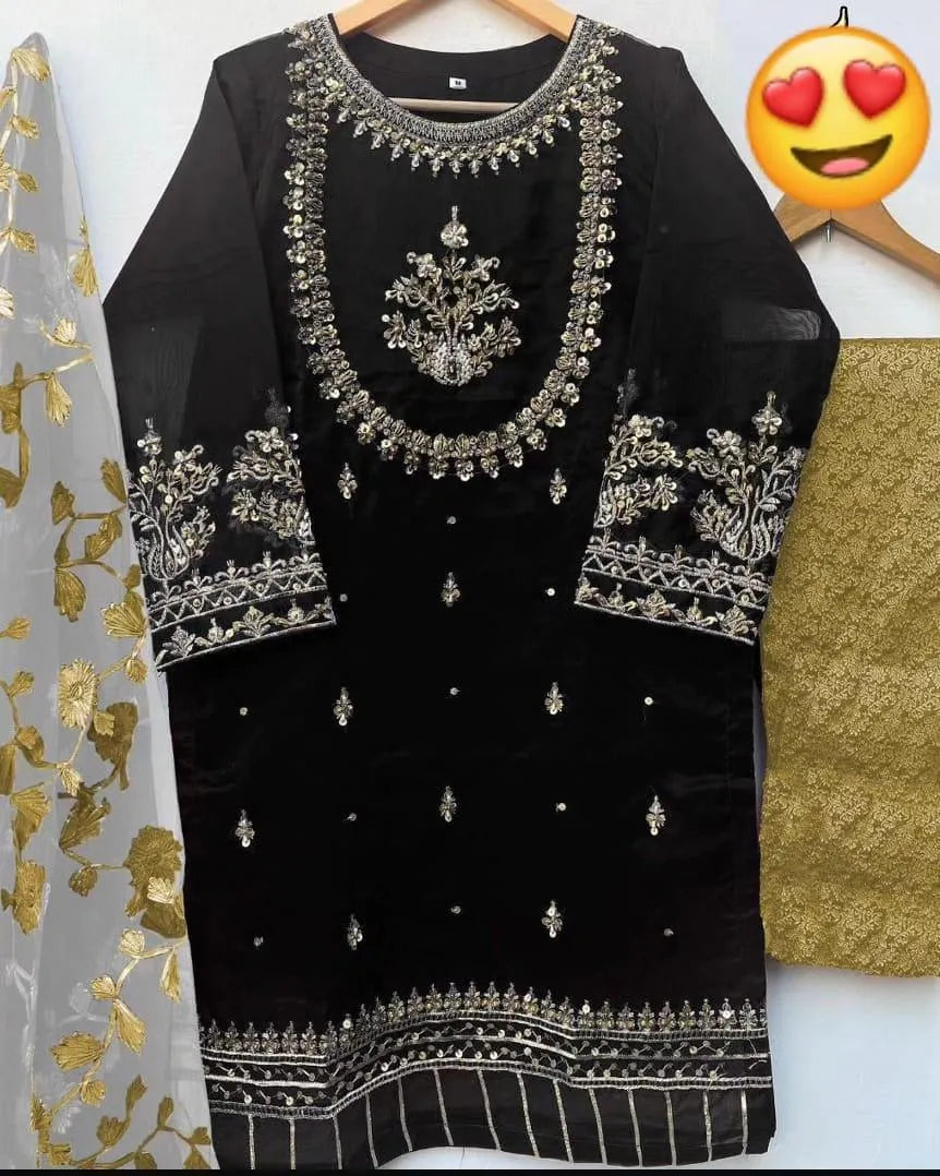 3 Pcs Women's Stitched Organza Hand Work Suit