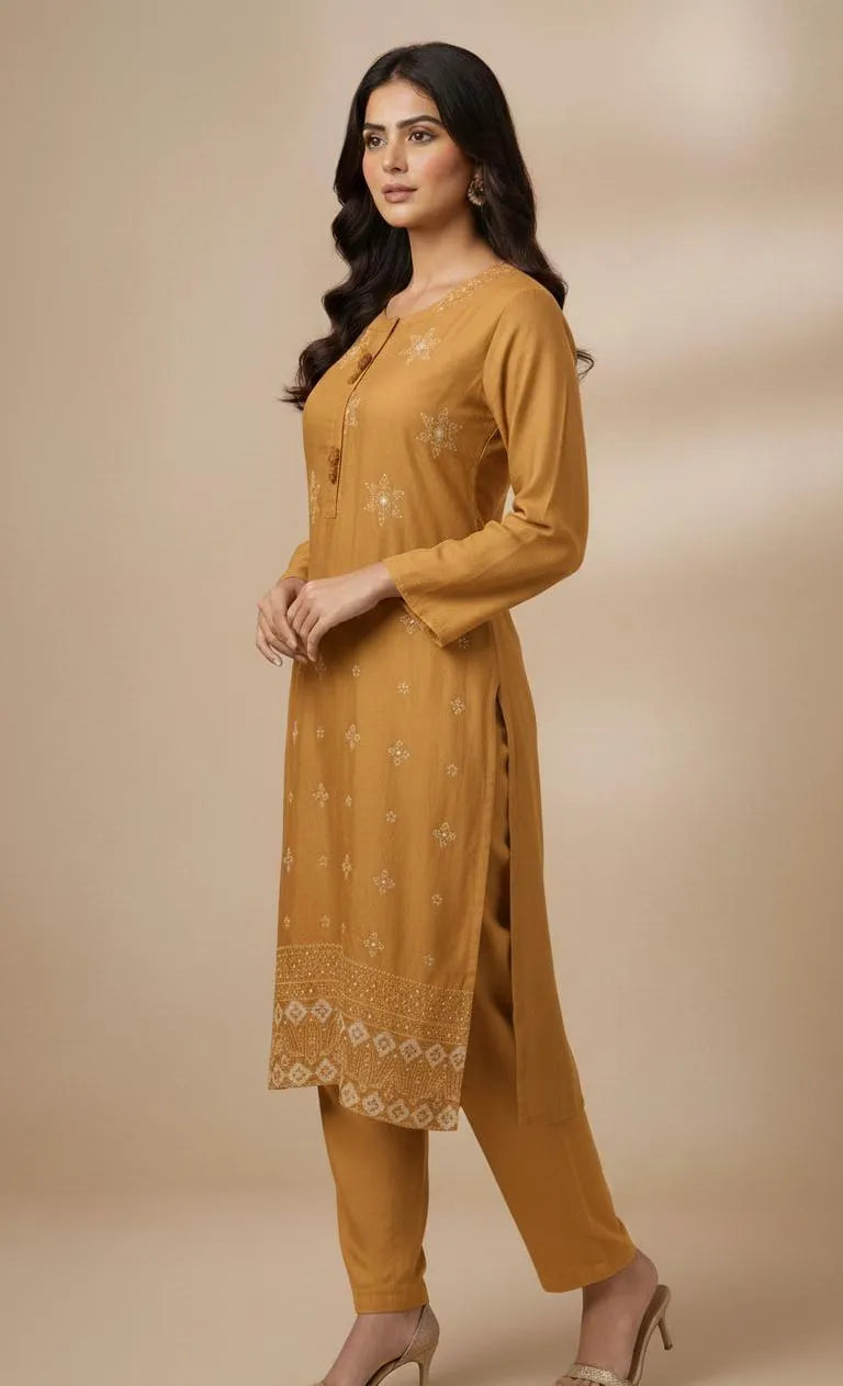 Elegant Three-Piece Women's Stitched Suit in Wool with Embroidered Design