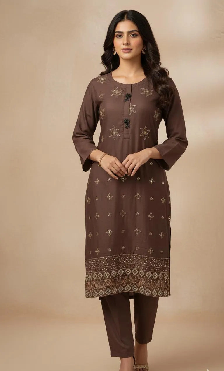 Elegant Three-Piece Women's Stitched Suit in Wool with Embroidered Design