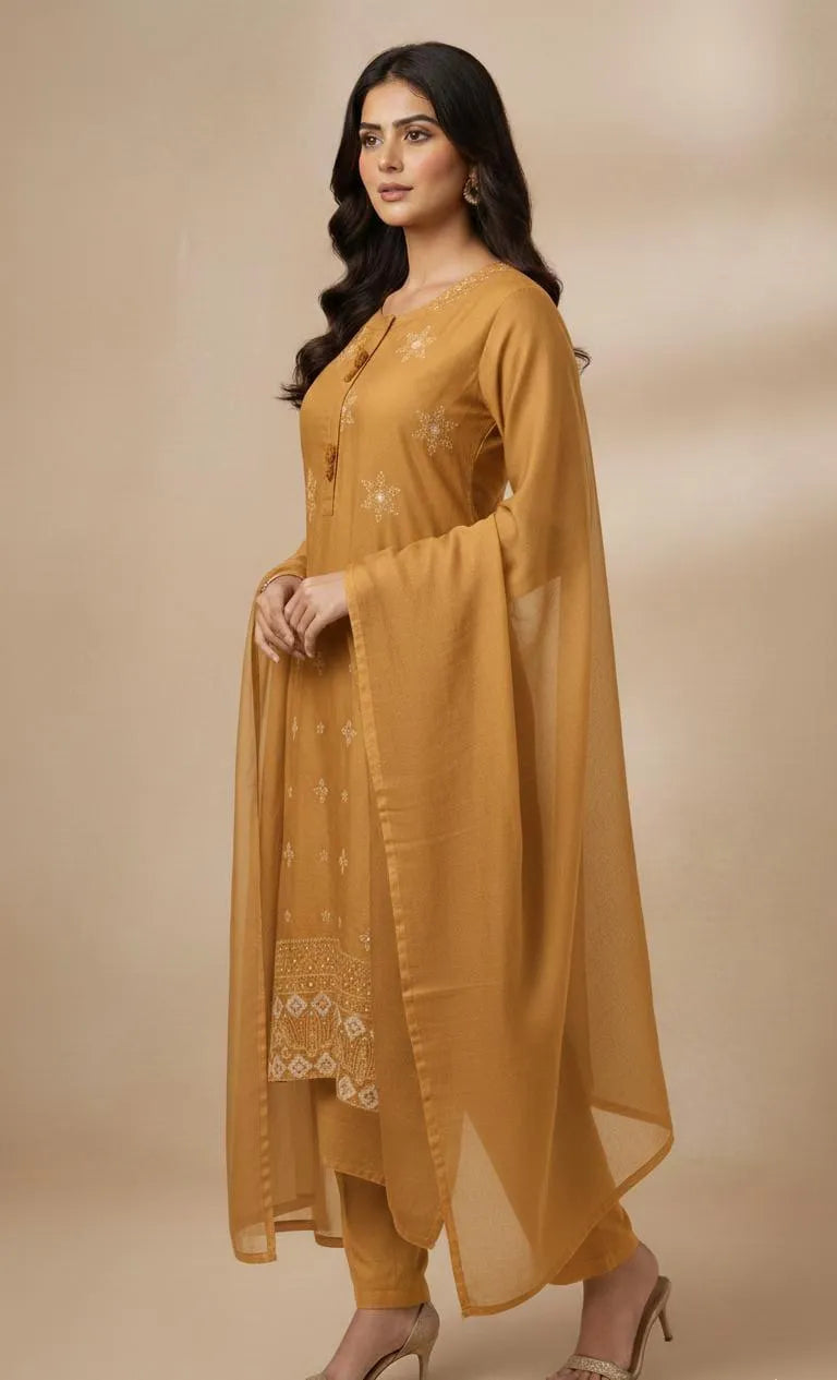 Elegant Three-Piece Women's Stitched Suit in Wool with Embroidered Design