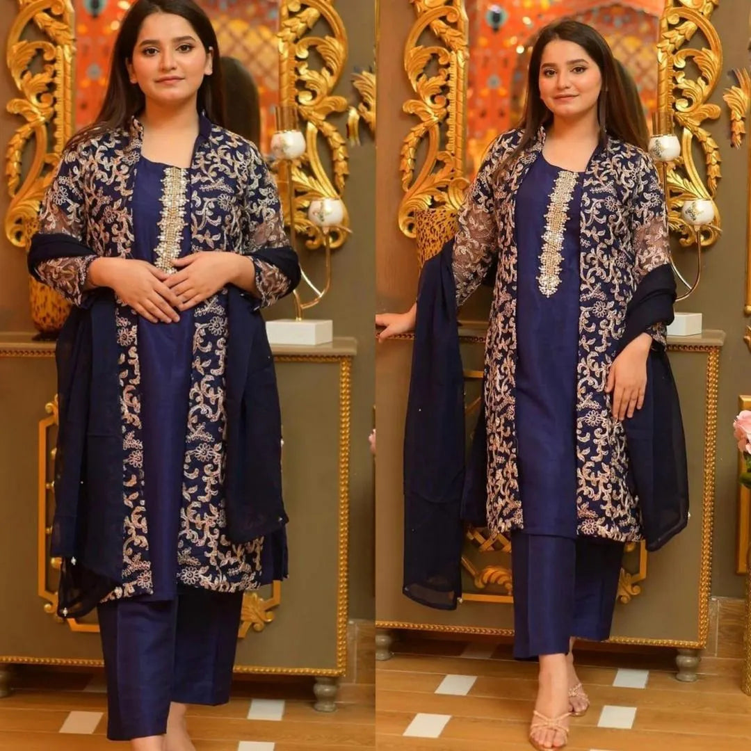 3 Pcs Women's Stitched Shamoz Silk Embroidered Suit