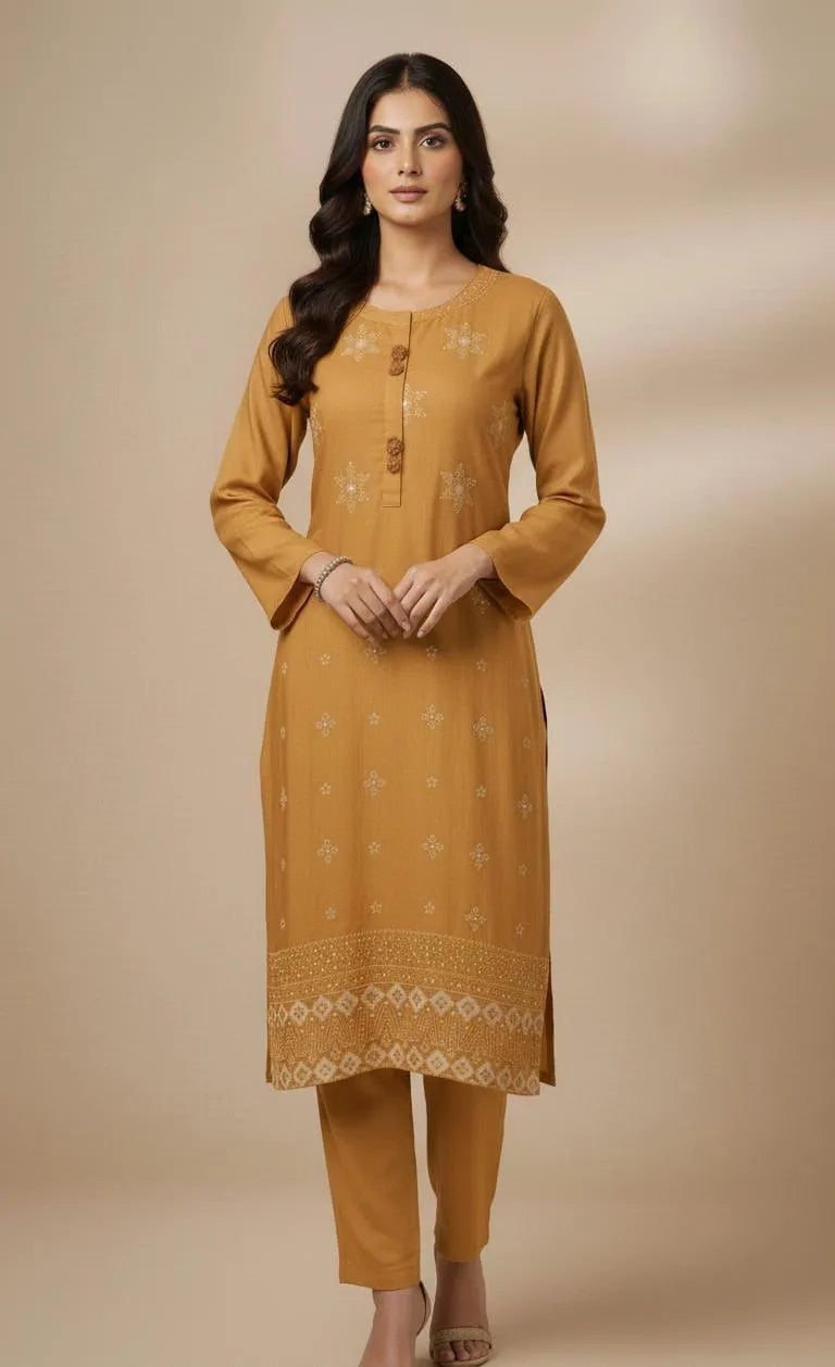 Elegant Three-Piece Women's Stitched Suit in Wool with Embroidered Design