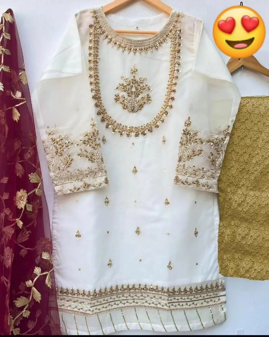 3 Pcs Women's Stitched Organza Hand Work Suit