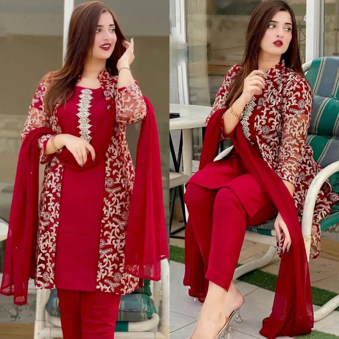 3 Pcs Women's Stitched Shamoz Silk Embroidered Suit